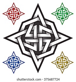 Four pointed star logo template in Celtic knots style. Tribal tattoo symbol. Silver ornament for jewellery design and samples of other colors.