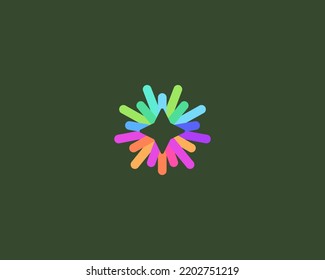 Four pointed star with rainbow lines rays around logo. Minimalist night sign. Flat rating award vector icon logotype. Vector illustration.