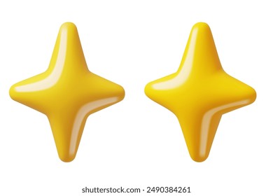 Four pointed stars or sparkles 3d realistic icons. Minimal three dimensional vector decorations isolated on white background. 