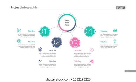 Four points process chart slide template. Business data. Flow, diagram, design. Creative concept for infographic, presentation. Can be used for topics like management, recruitment, consulting.