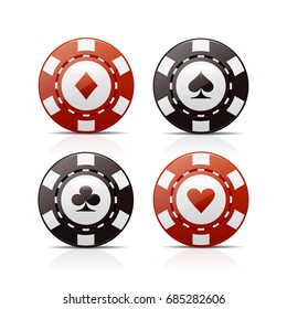 Four poker chips with card suit signs for diamonds, spades, clubs and hearts vector illustration.