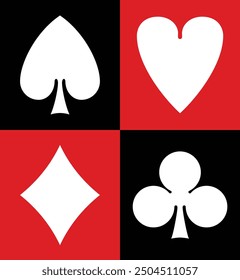 Four poker playing card suits - hearts, diamonds, spades, clubs. Playing Cards icons isolated on red and black background. Card Suits vector icon design for multiple use.