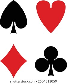 Four poker playing card suits - hearts, diamonds, spades, clubs. Playing Cards icons isolated on white background. Card Suits vector icon design for multiple use.