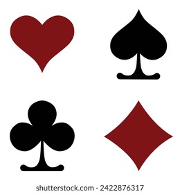 Four poker playing cards suits symbols: spade, heart, diamond and club icons isolated on white background. Vector illustration