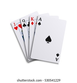 Four poker playing different cards hand together