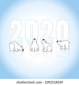 Four Polar Bears In Front of Frozen New Year 2020 on an Ice Blue Cold Background with Reflections