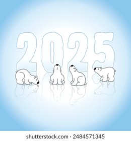 Four Polar Bears in front of Frozen New Year 2025 Ice Sculpture with Reflections on cold Blue Background