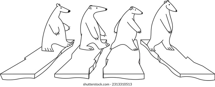 Four polar bears walking on ice floes black and white line vector illustration. Climate change consept illustration, humor