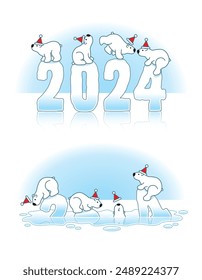 Four Polar Bears wearig Santa Hats Balancing on Slippery 2024 Ice Sculptures Melting through the Arctic Icecap due to Global Warming