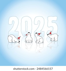 Four Polar Bears wearing Santa Hats in front of Frozen New Year 2025 Ice Sculpture with reflections on a Cold Blue Background