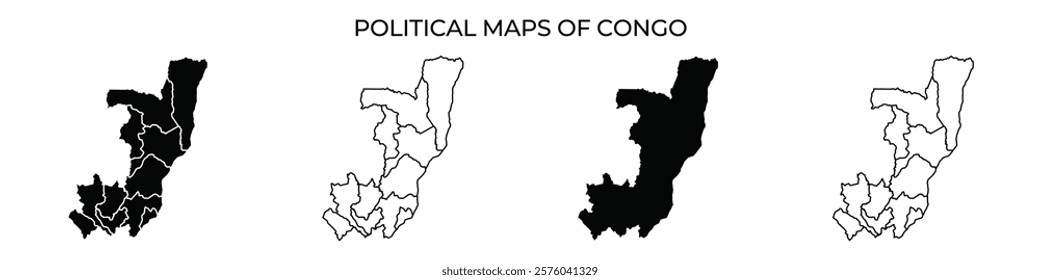 Four political maps of Congo are displayed, showcasing the countrys borders. The maps vary in shading, emphasizing different regions. This highlights geographical distinctions.