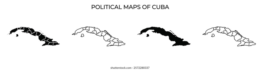 Four political maps of Cuba demonstrating different representations, showcasing territorial changes and administrative divisions. Each version highlights a distinct approach to mapping.