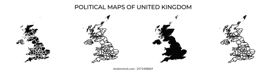 Four political maps display the United Kingdoms regions in black and white. Each map presents different outlines, highlighting administrative divisions and geographic areas.