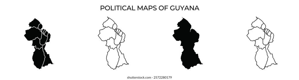 Four political maps display various regions of Guyana in distinct styles. Each map highlights different boundaries and features significant for geographical understanding.