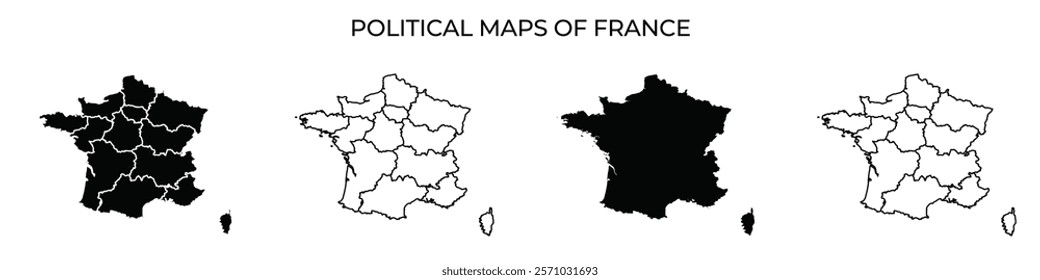 Four political maps of France illustrate various styles. Each map shows regions in unique formats, ranging from filled areas to outlined sections, emphasizing geographic details.