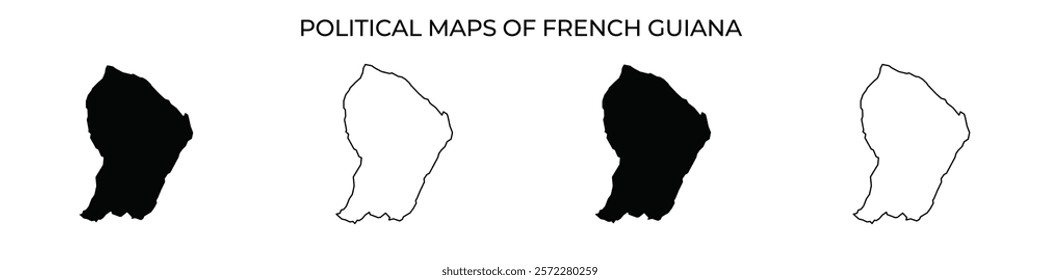 Four political maps of French Guiana are shown, each presenting the territory in different color contrasts. This design emphasizes geographical features and boundaries.