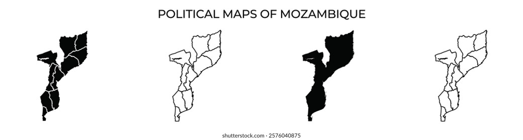 Four political maps illustrate the changing boundaries and regions of Mozambique over different periods. Each map highlights distinct administrative divisions and territorial adjustments.