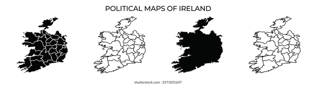 Four political maps illustrate the regions of Ireland, highlighting varying border designs and divisions. Each map offers a distinctive view of the political landscape across the country.