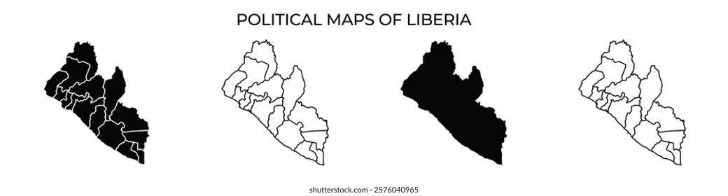 Four political maps of Liberia illustrate the countrys different regions and administrative boundaries. Each map highlights various divisions, enhancing geographic understanding.