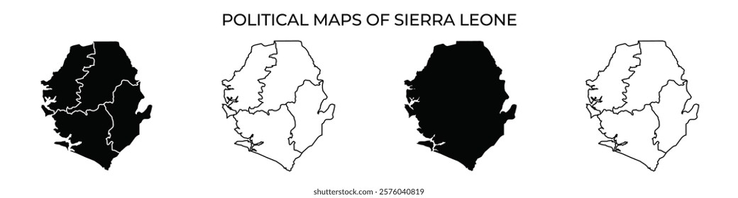 Four political maps of Sierra Leone display variations in shading and outlines. The maps illustrate the countrys geographical divisions in contrasting styles and colors.