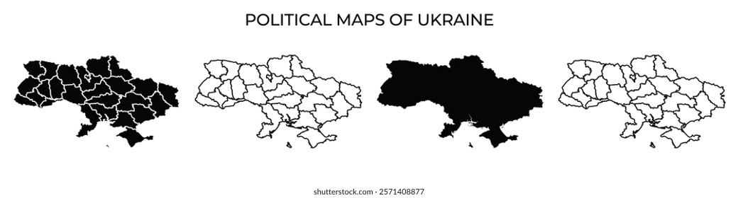 Four political maps of Ukraine depict various administrative regions and boundary changes over time, illustrating the evolving landscape of governance and territories.