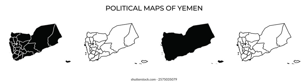 Four political maps of Yemen display various regional divisions. Each map provides a different representation of the countrys administrative boundaries, highlighting geographical changes.