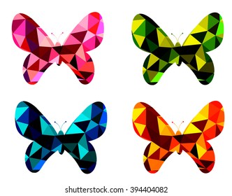 Four polygon style butterflies in red, green, blue and orange color