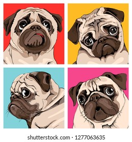 Four portrait of a pugs in a bright coloring Pop Art style. Humor card, t-shirt composition, hand drawn style print. Vector illustration.