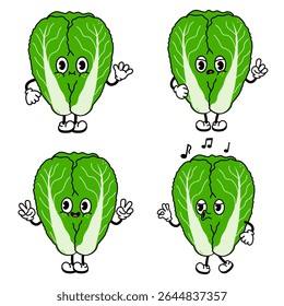 Four poses of a cheerful cartoon napa cabbage character waving, pointing, and whistling a tune