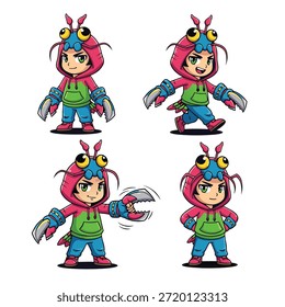 Quatro poses de um personagem bonito de desenho animado vestindo um traje de lagosta com garras e antenas.
