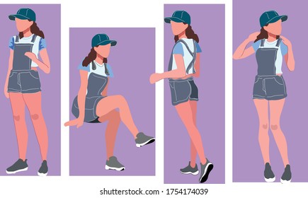 four positions of beautiful girl wearing jeans cap cute t-shirt and jeans romper