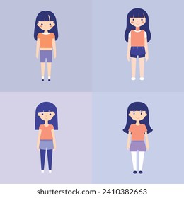 Four positions of a cartoon girl with different outfits. Happy young female with blue hair, casual clothes. Fashion styles and seasons depiction vector illustration.