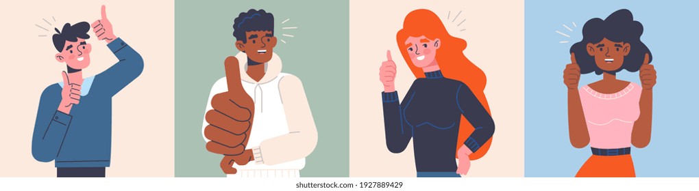 Four positive diverse multiracial successful people giving a thumbs up gesture or like sign showing their approval, set of flat cartoon colored vector illustrations