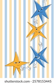 Four positive stars. Two blue and two yellow stars on a striped background. Three stars descend from above to the star below. All characters are happy to meet. Flat vector illustration. EPS 10