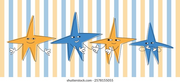 Four positive stars, two blue and two yellow on a striped background. Two stars are holding hands, everyone is smiling. Flat vector illustration. EPS 10