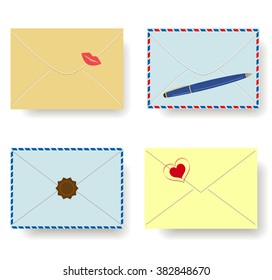 Four post envelopes with the different seals and a pen. Isolated on a white background.