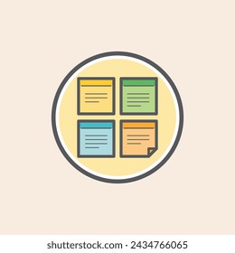 Four post it notes with text lines inside a circle filled icon. Yellow, Green, Blue and Orange post-it sticky notes. Folded note.