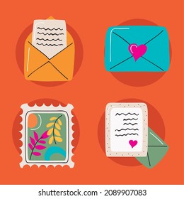 four postal letters set icons