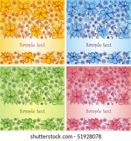 Four postcards consist of flowers on colorful background. Vector illustration.
