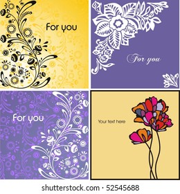 Four postcards with violet and yellow flowers. Vector illustration.