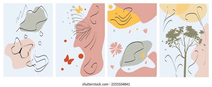 Four posters with art in the form of flowers, butterfly, tree in delicate pastel colors. Vector cards, isolated on white, can be used for web pages, printing