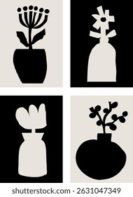 Four posters with black modern art cutout style flower arrangements in vases on alternating light and dark backgrounds, vector abstract geometric forms illustration for ads, social media, home decor