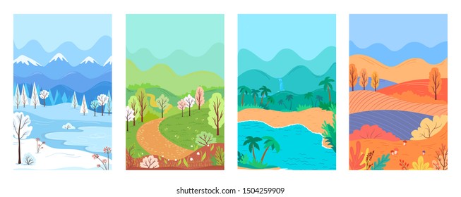 Four posters nature seasons. Winter, spring, summer, autumn colour illustration