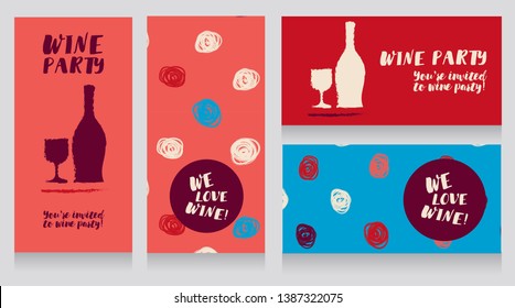 four posters for wine party, can be used as menu cover for wine bar, blue and red colors, vector illustration