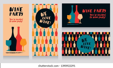 four posters for wine party, can be used as menu cover for wine bar, pop art palette, vector illustration