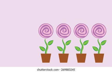 Four potted flower bud in the form of lollipops