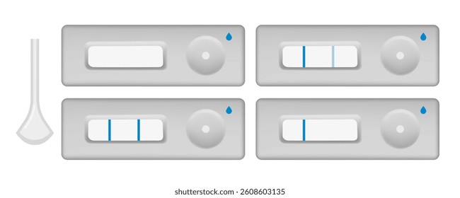 Four pregnancy tests displaying both positive and negative results, accompanied by a urine collector, isolated against a white background, highlighting medical and healthcare themes