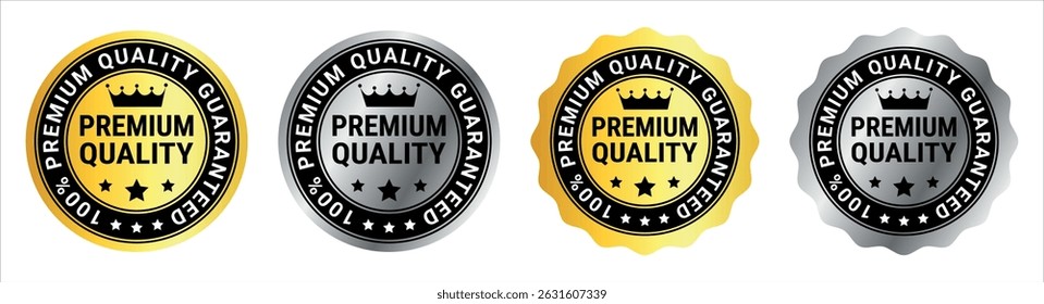 Four premium quality badges in gold, black, silver, and metallic colors with crown and stars	