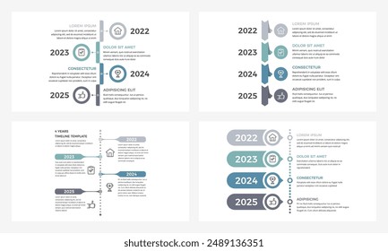 Four presentation slides featuring vertical timeline templates with four elements, representing a stages or milestones in a sequential process, vector eps10 illustration