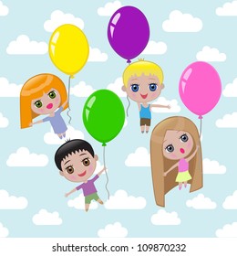Four pretty children are flying on balloons